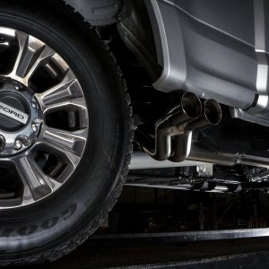 Ford F-250 Performance Exhaust - Rear - Stainless Works - Cat Back, Lightning Exit, Dual Exit, X-Pipe, S-Tube Mufflers - Polished - `17-`20 Ford F-250 Performance Exhaust - Rear - Stainless Works - Cat Back, Lightning Exit, Dual Exit, X-Pipe, S-Tube Mufflers - Polished - `17-`20